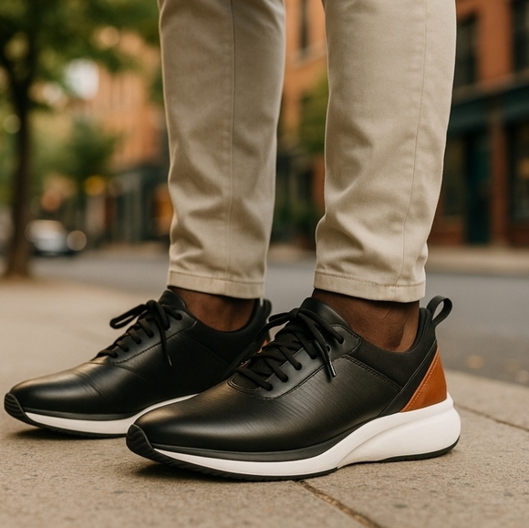 Johnson & Murphy  TR1-Luxe Hybrid Black Leather Lace-Up Sneaker. Size 8.5 - Picture 1 of 9